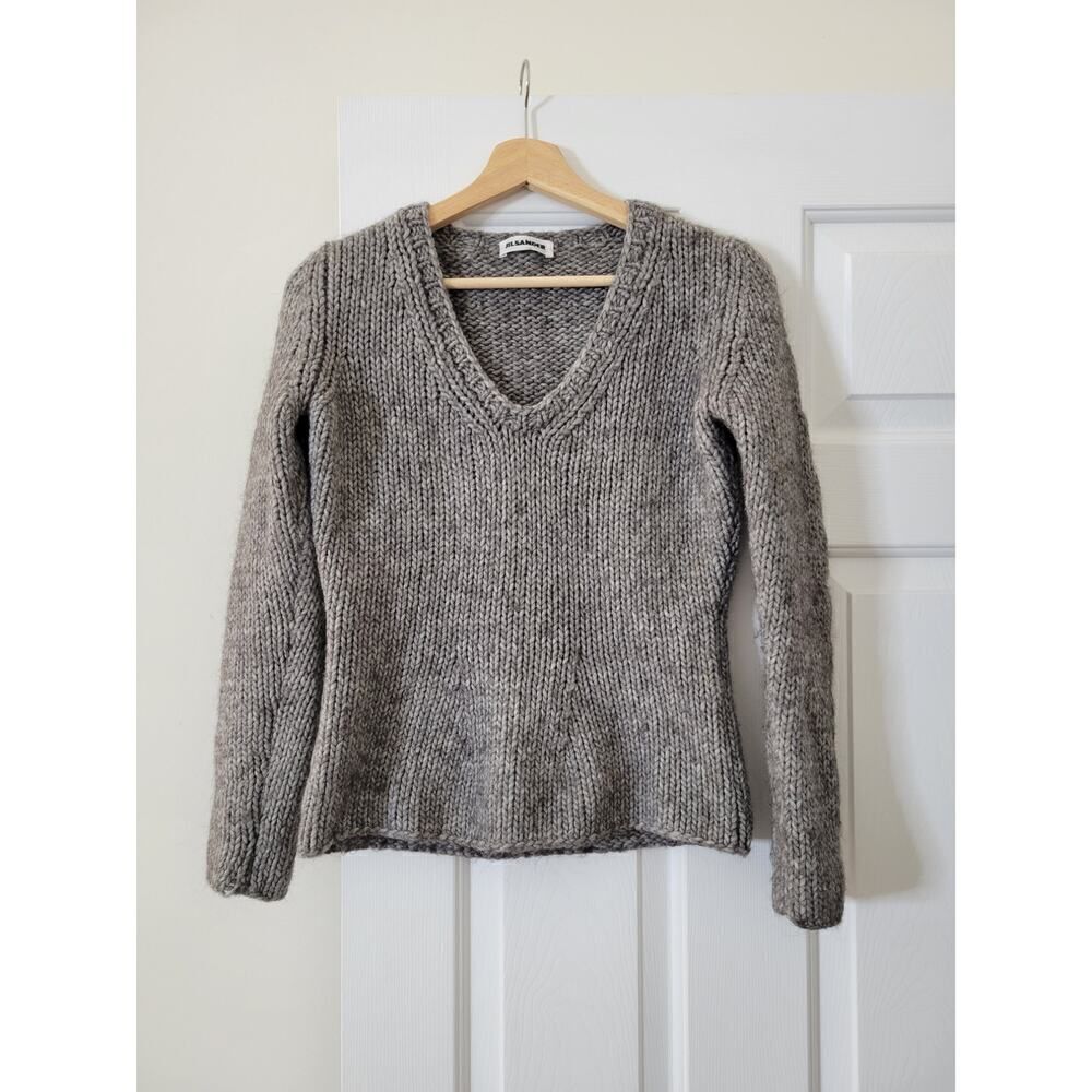 Jilsander Grey Chunky Knit V Neck Sweater M (40)
